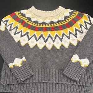 Aerie Festive Fair Isle Charcoal Sweater with Vibrant Red and Yellow Patterns